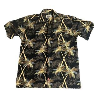 Vintage Bungalow Joe Men Hawaiian Aloha Tropical Shirt L Brown Gold Coconut Palm